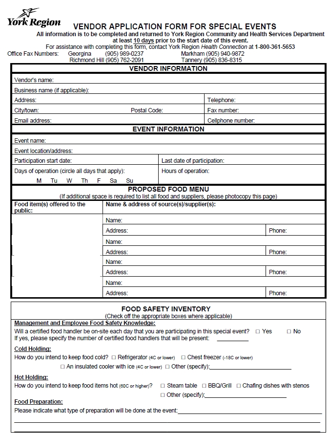 York Region - Vendor Application Form for Special Events